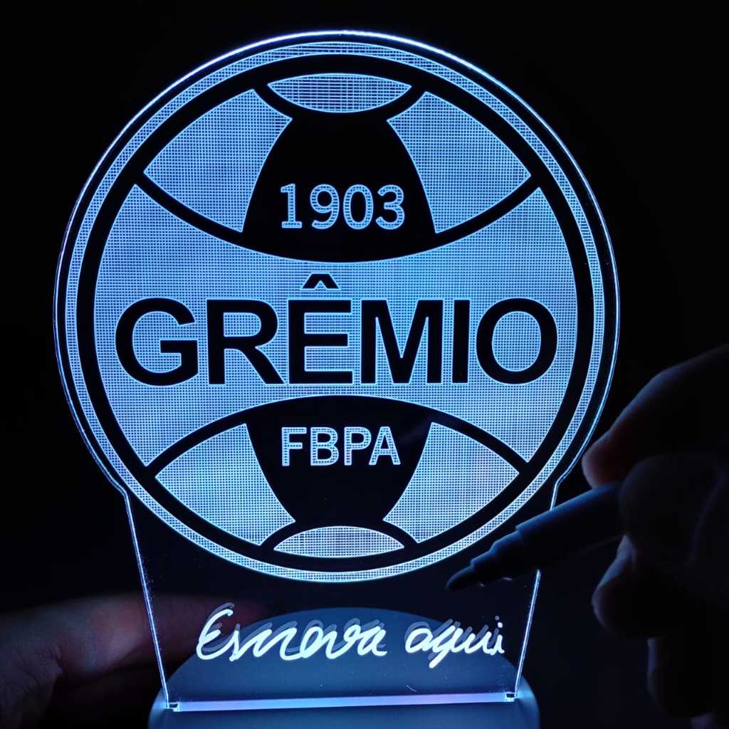 Abajur Luminária Grêmio time futebol em Led Giz ac0381 distintivo clube escudo uniforme personalizado com nome símbolo