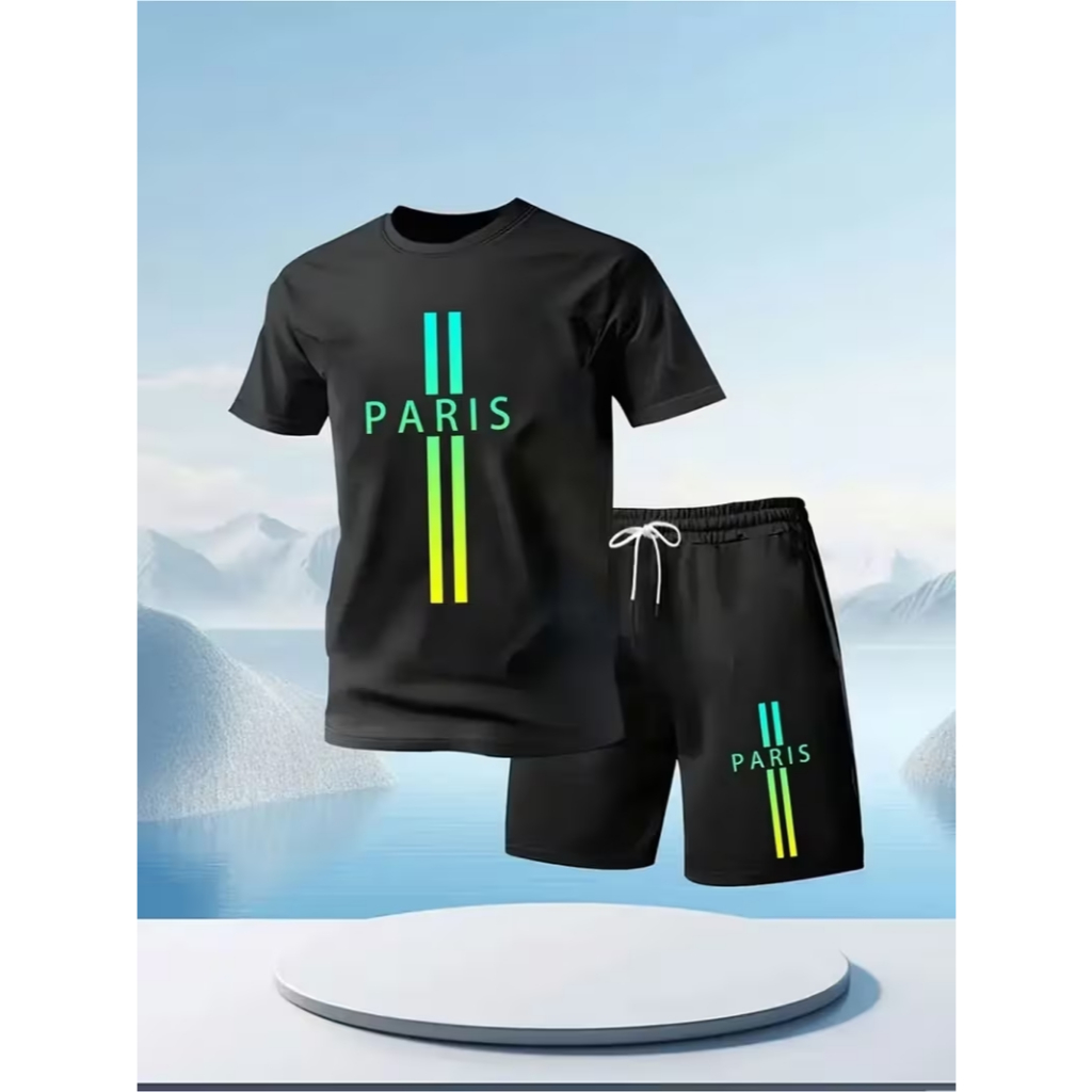 CONJUNTO MASCULINO CAMISETA+SHORT MOLETOM ESTILOSO PARIS FAIXA NEON