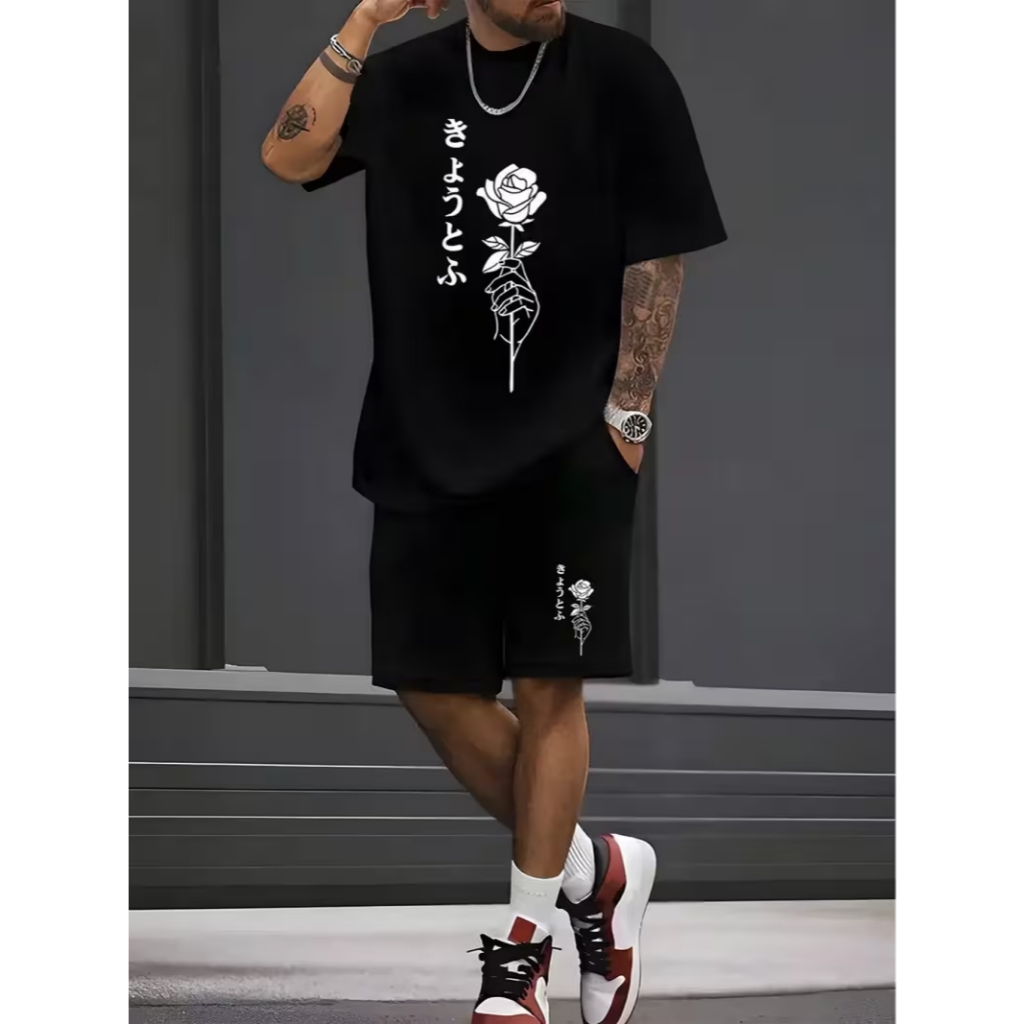 CONJUNTO MASCULINO CAMISETA+SHORT LOOK ESTILOSO MÃO FLOR FRASE