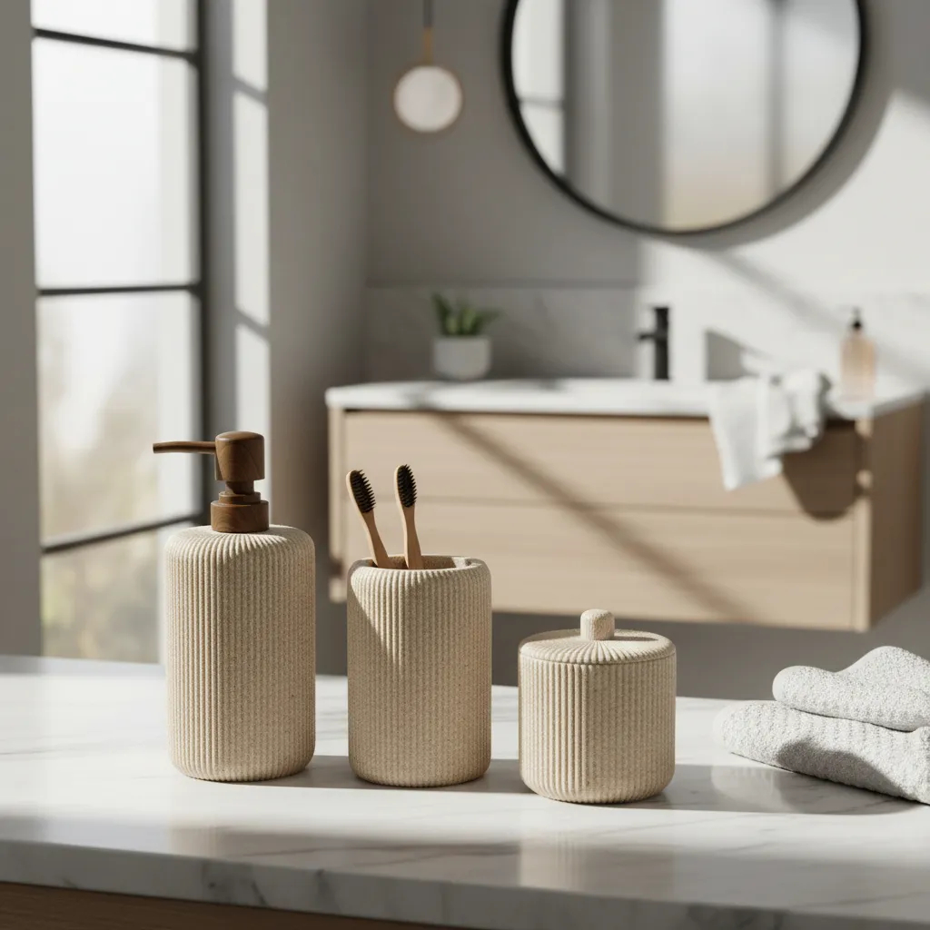 Kit Lavabo Banheiro Poliresina Bege Decorativo Dispenser Sabonete Copo Escovas Pote Canelado Arenoso em Oferta na Shopee