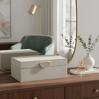 Caixa Decorativa Retangular Grande Tampa Embutida Porta Joias Maquiagem Luxo Cinza Couro Sintético em Oferta na Shopee