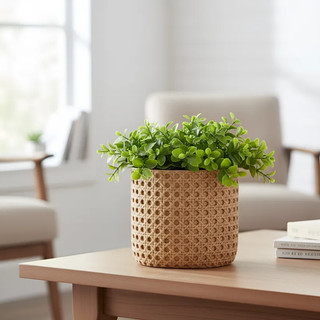 Cachepot Decorativo Mesa Palhinha Boho Chic em Cimento Estilo Natural para Plantas e Decoração