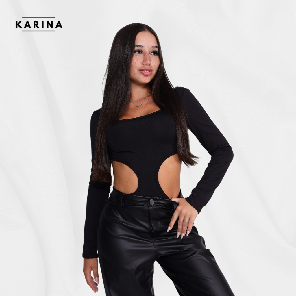 KARINA LOJA | Body Penelope Preto Manga Longa Decotado com Gola Quadrada Costas Nua Tendencia Inverno