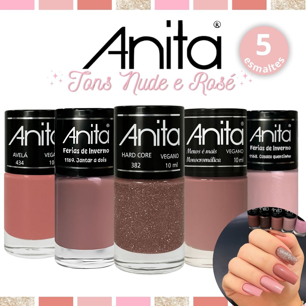 Kit 5 Esmaltes Anita Delicada Tons Nude Rosado Cremoso Glitter Esmalte Atacado em Oferta na Shopee