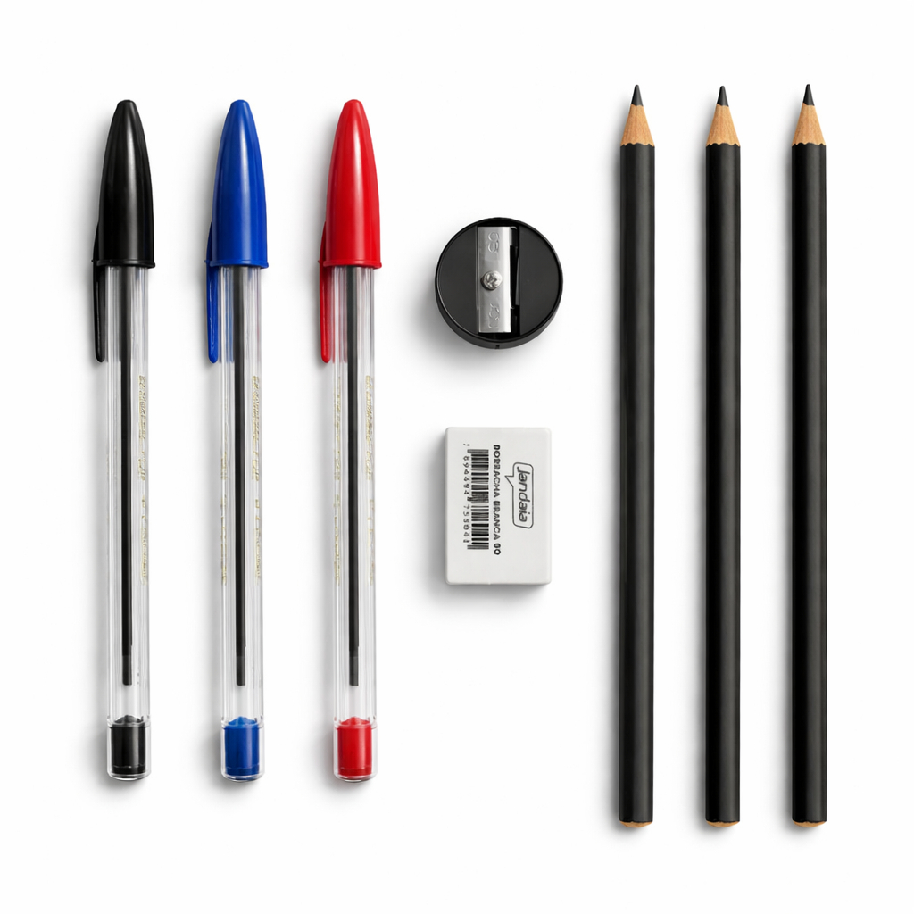 Kit Básico  Escolar Lápis Caneta Borracha e Apontador Para Fundamental em Oferta na Shopee