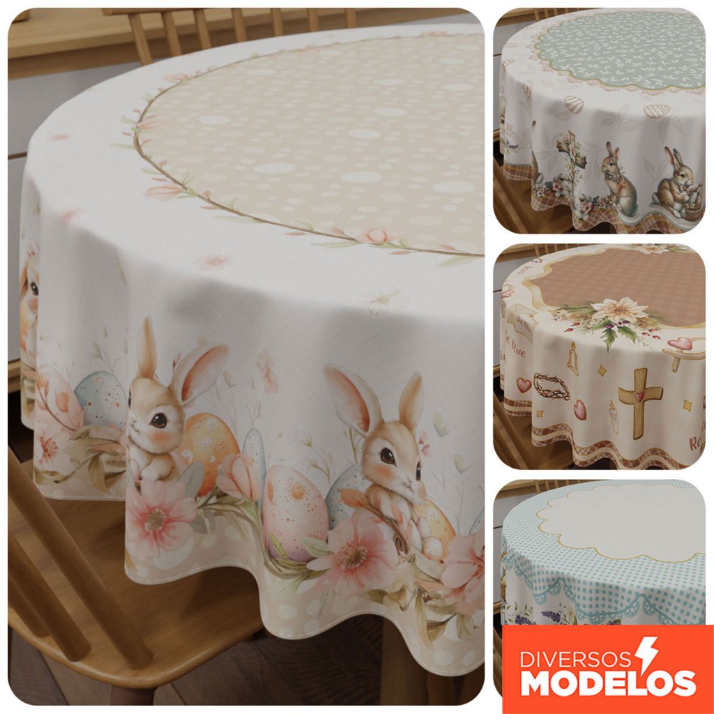 Toalha de Mesa Páscoa Redonda para Mesa Posta Decoração Em Oxford 1,40x1,40m
