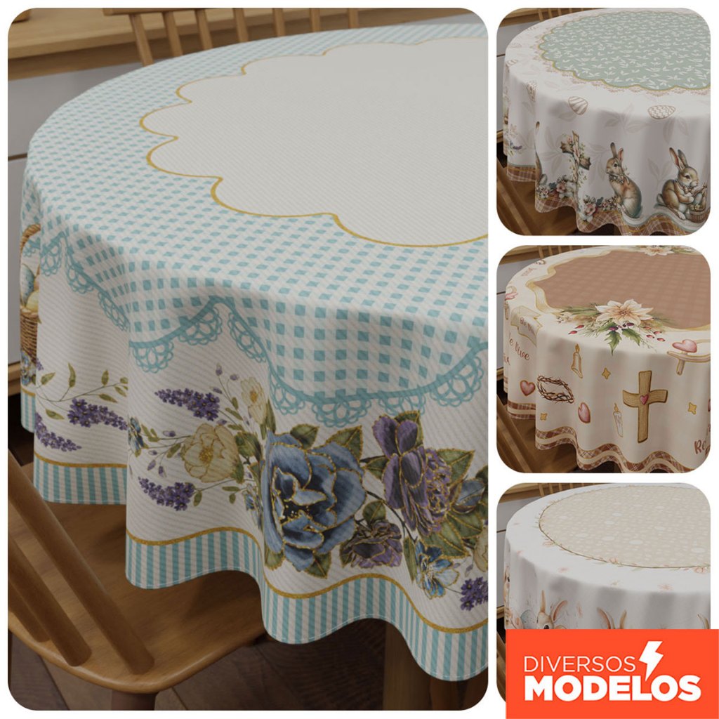 Toalha de Mesa Redonda Decoração Páscoa 1,40x1,40m – Mesa Posta 4 Lugares