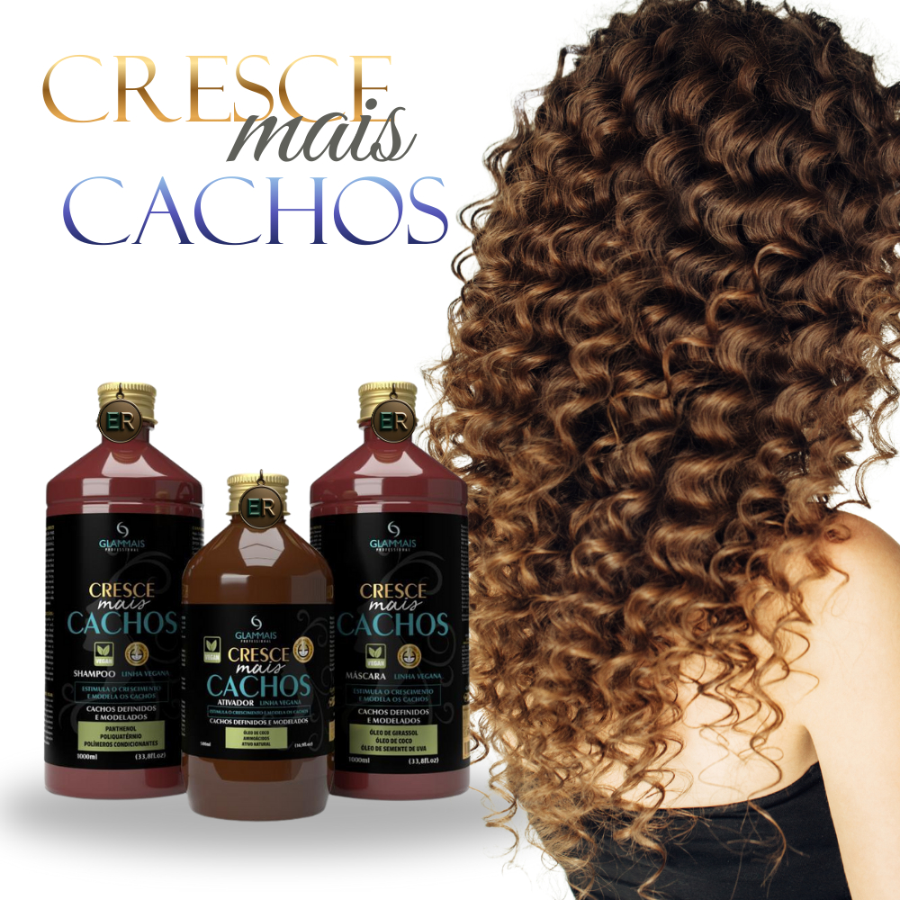 Kit Capilar Cresce Mais Cachos Glammais Linha Vegana Modela os Fios com Shampoo + Mascara + Ativador