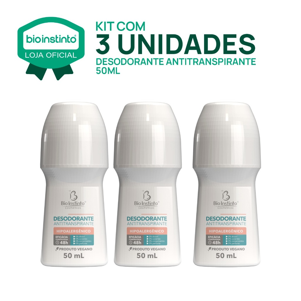KIT 03 UN DESODORANTE Roll-on 50ml Bio Instinto Antitranspirante Proteção Prolongada Vegano em Oferta na Shopee