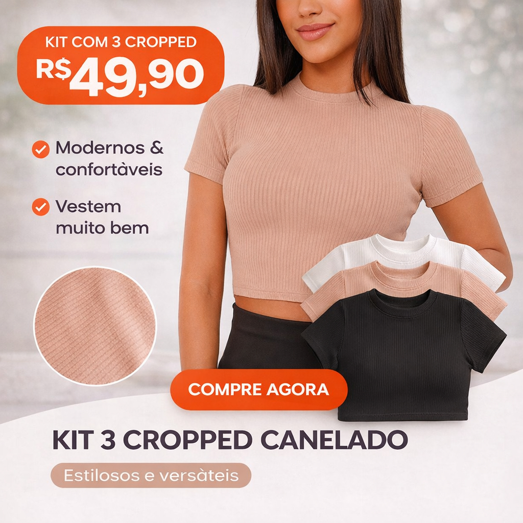 Kit 3 Cropped Ribana Canelado Manga Curta Algodão Premium Casual
