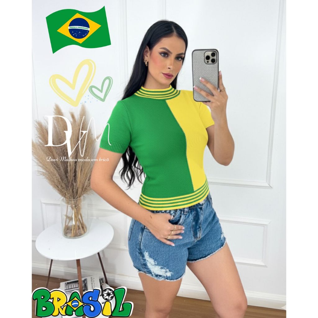 Blusa Feminina Duas Cores Modal Tricô Brasil Copa Do Mundo Tricot Manga Curta Bicolor Detalhes