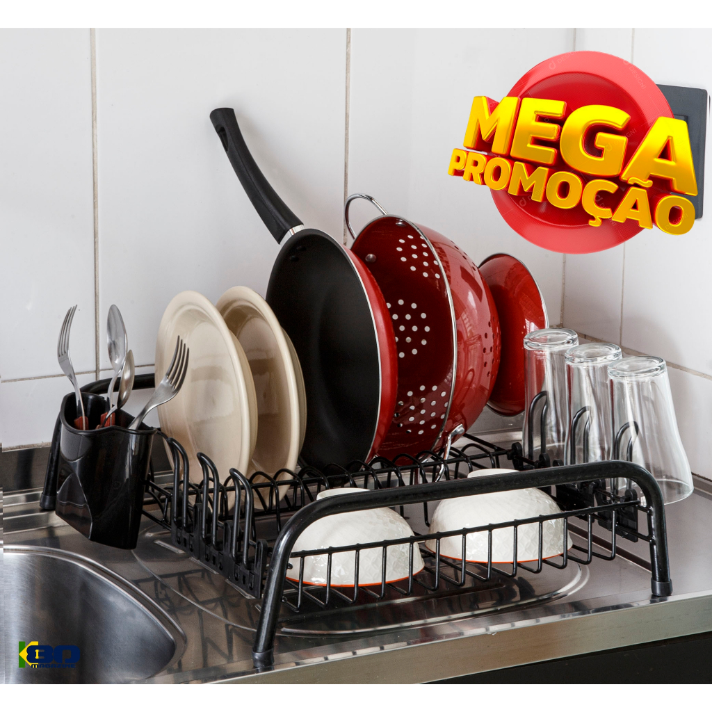 Escorredor de Louça All Black 12 Pratos com Porta 6 Copos e Porta Talher Embutido