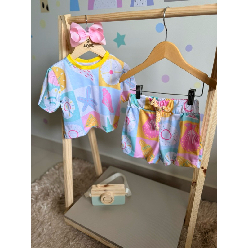 Conjunto Infantil Verão menina 4/6/8 anos com Blusa Puff e Shortinho Temático moda infantil