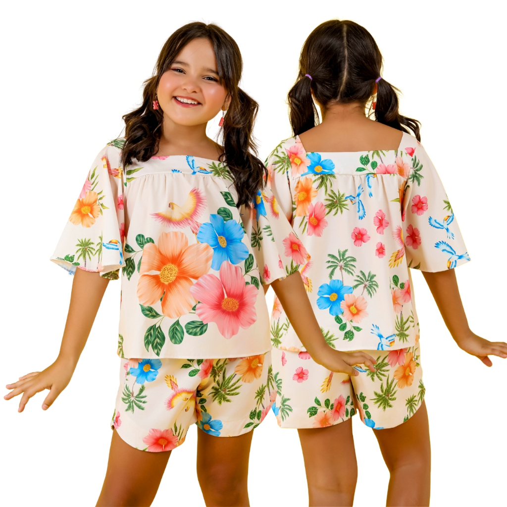 Roupa Infantil Menina Tropical – Kit 2 Pçs: Short + Blusa Estampas Exclusivas em Oferta na Shopee