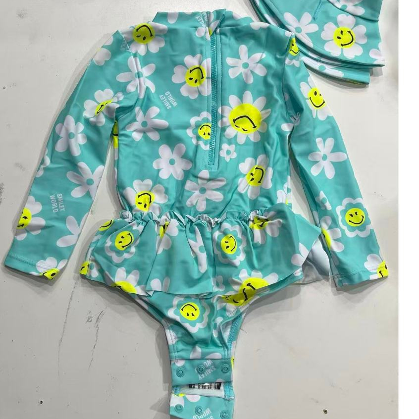 Maiô Infantil Manga Longa Com Chapéu Menina Infantil Bebe Proteção Solar Uv 50 Maio Moda Praia1588