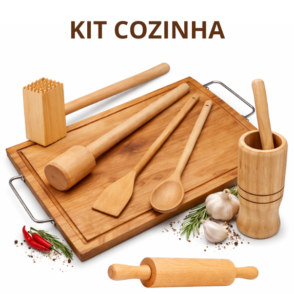 ️ KIT para Cozinha Completo 7UN Tábua de Carne, Colheres, Pilão, Socador de Feijão, Rolo de Massa etc