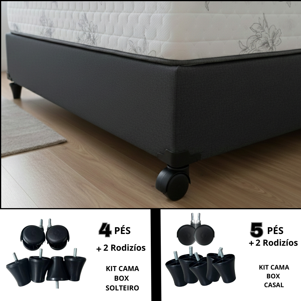Kit Pés Fixos e Rodízios para Cama Box e Baú Plástico Reforçado Altura 6cm Mais Estabilidade Durabilidade e Facilidade