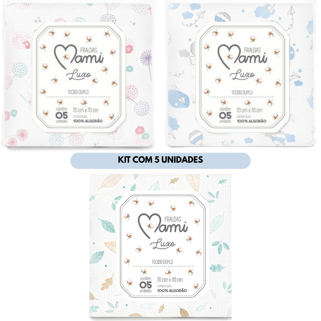 Fralda de Pano Luxo Premium Tecido Duplo Estampada Mami 5 Unidades 100% Algodão P/Bebê Menino Menina
