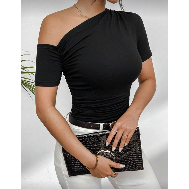 Blusa Feminina Savana Suplex com Manga Curta Assimétrica Drapeada Verão Elegante Casual Ombro a Ombro Estilosa