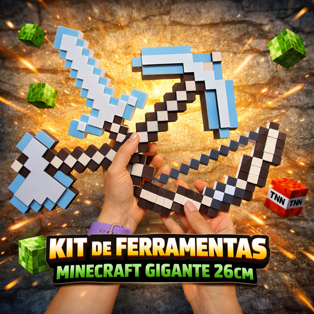 Kit Ferramentas MineCraft Estilo Pixel Grande 26cm - Espada Picareta Machado Arco - 4 peças