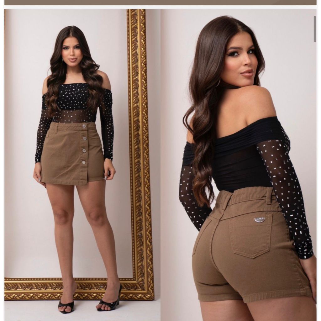 Short Saia Jeans Feminino Marrom Com Botão Slim em Oferta na Shopee