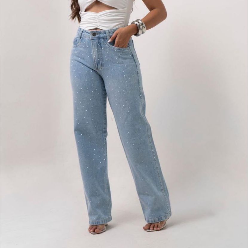 Calça jeans Feminina Wide Leg Com Brilho — imagem 2 de 2