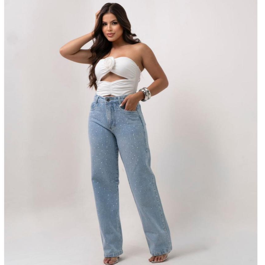 Calça jeans Feminina Wide Leg Com Brilho