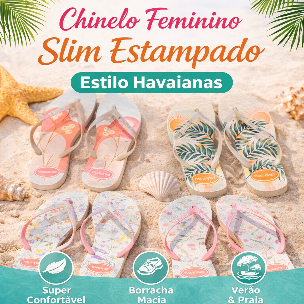Chinelo Feminino Estampado Slim Estilo Premium Sandália de Borracha Confortável Verão Praia