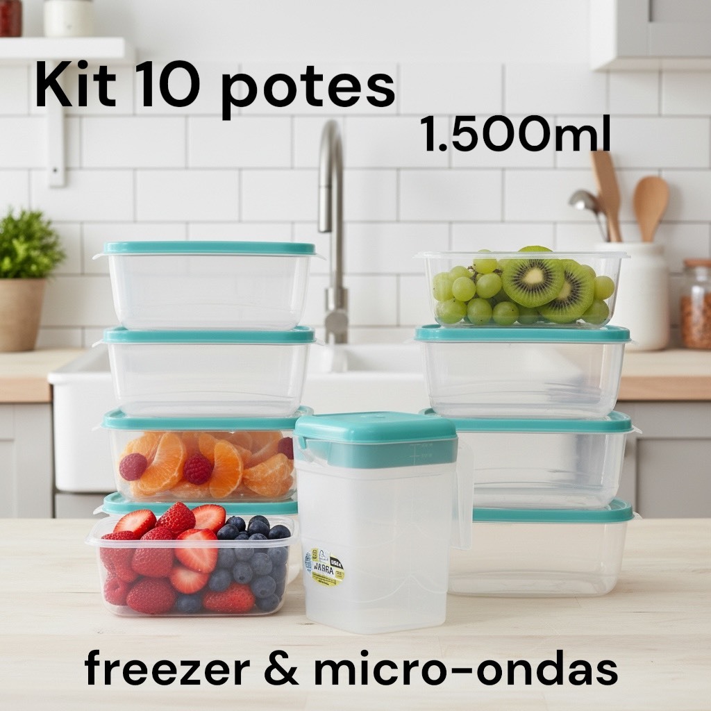 Kit 10 Potes Marmita Fitness 1500ml com Tampa + Jarra | Freezer e Micro-ondas em Oferta na Shopee