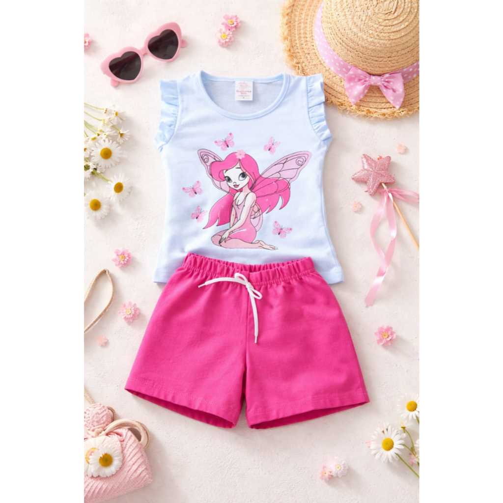 CONJUNTO INFANTIL VERÃO MENINA.BLUSA MANGA FRUFRU+BERMUDA COM CADARÇO COM BRILHO em Oferta na Shopee