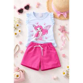 CONJUNTO INFANTIL VERÃO MENINA.BLUSA MANGA FRUFRU+BERMUDA COM CADARÇO COM BRILHO em Oferta na Shopee