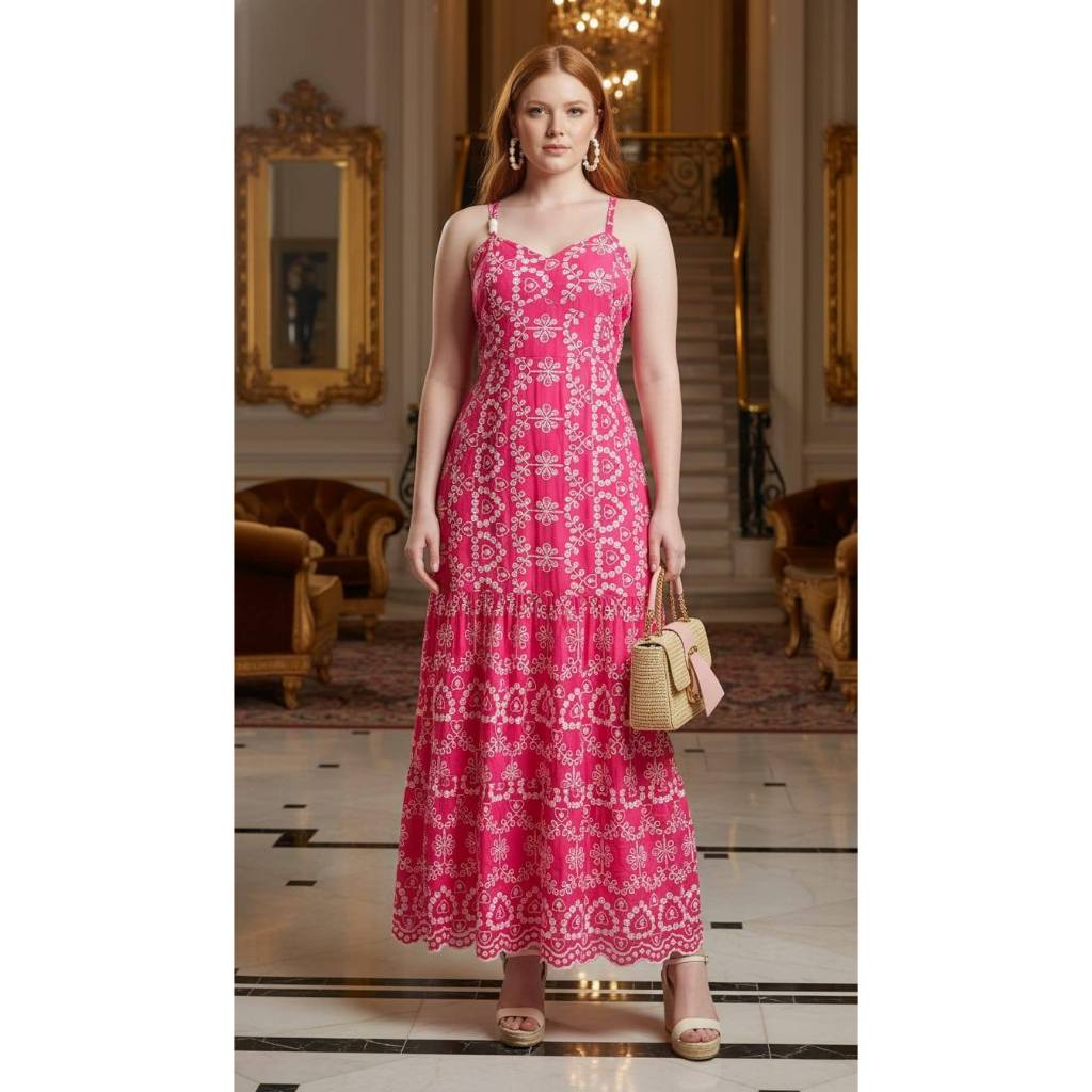 Vestido Longo Lese 100% Algodão Bordado Alcinha Regulavel luxo 412