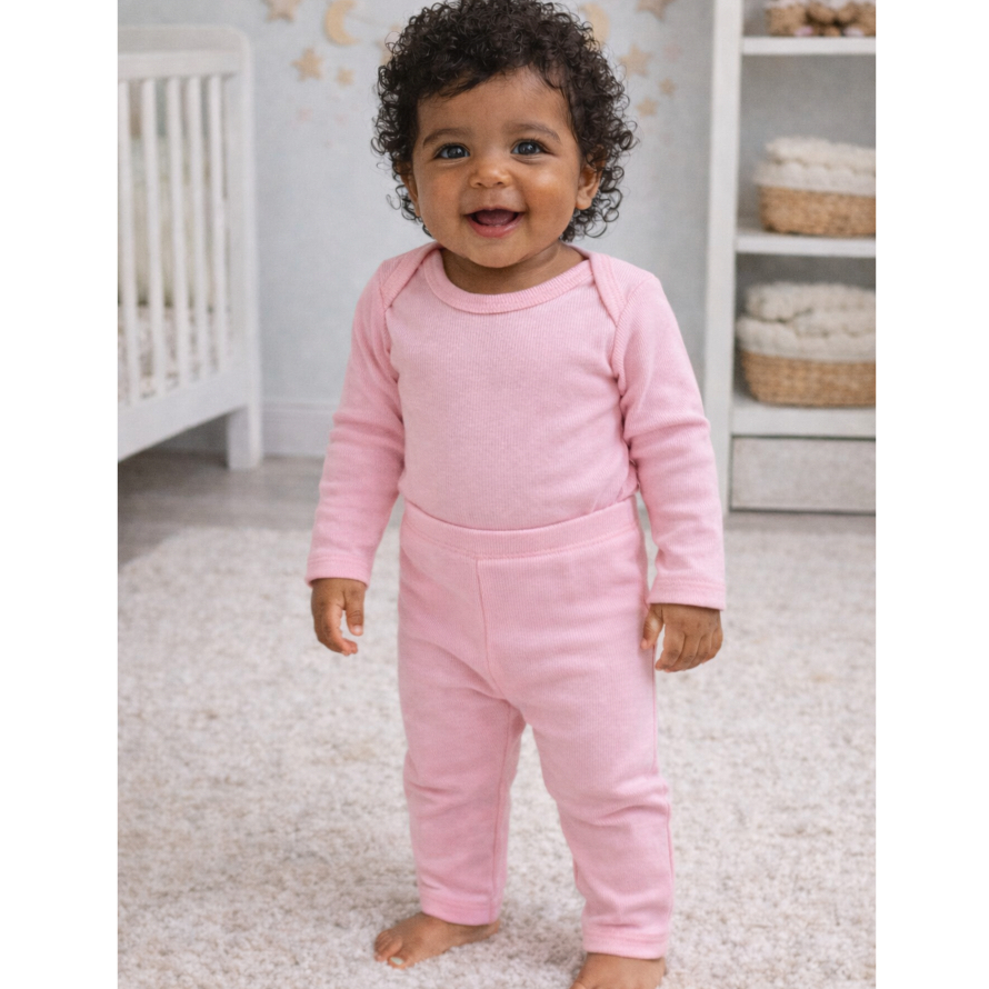 Conjunto Canelado Bebê Longo Pagão Body e Calça Infantil Liso Rosa Bebê Menina