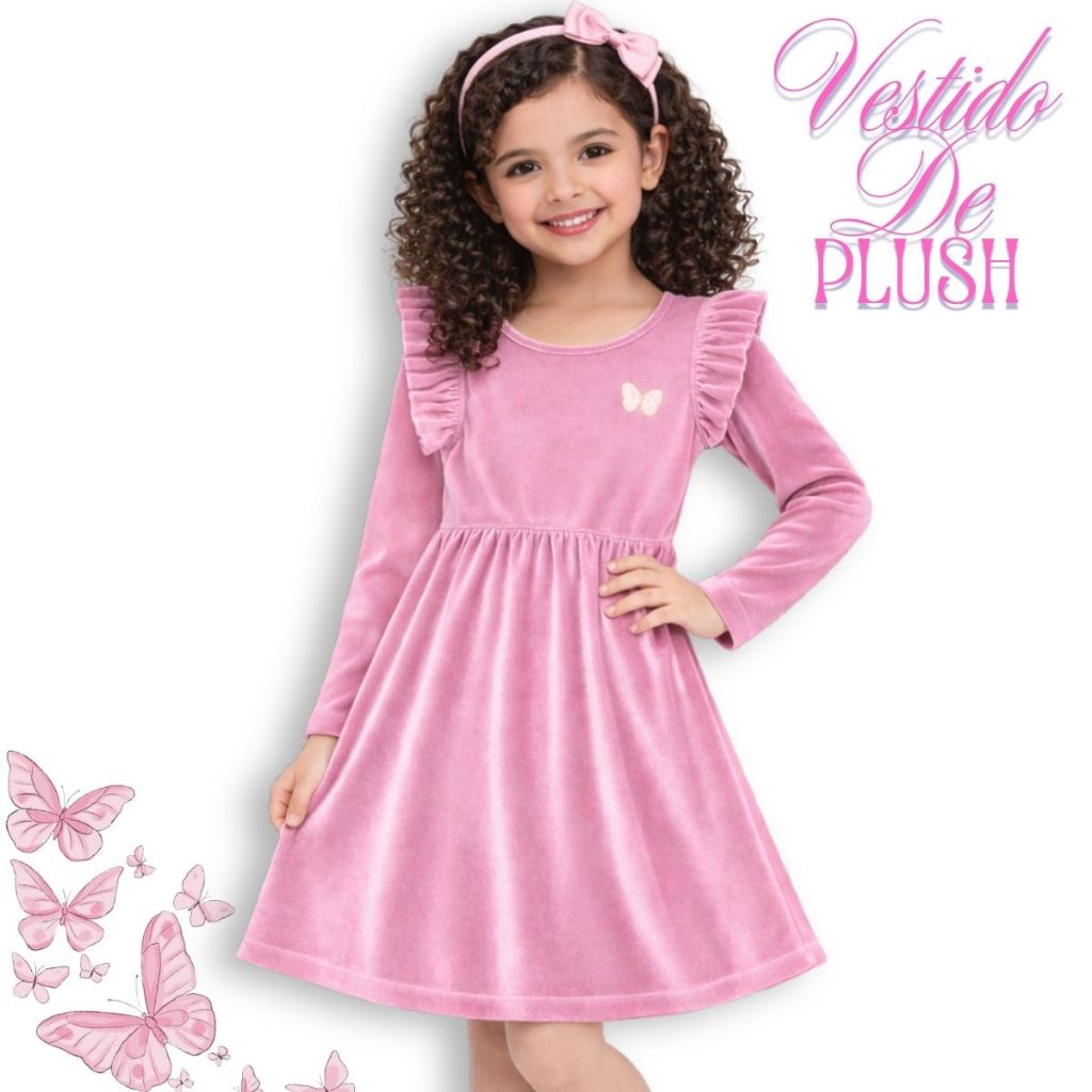 Vestido Plush Infantil Blogueirinha Com Babados- Efeito Aveludado- 4 Cores