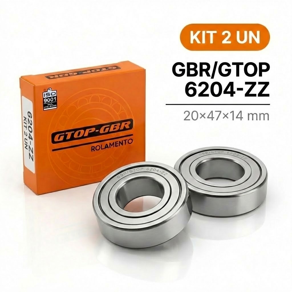 Kit com 2 Rolamentos 6204 ZZ GBR GTOP 20x47x14 Eixo 20mm Vedação Metálica