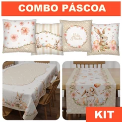 Kit Decoração de Páscoa: 04 Capas de Almofadas + Toalha de Mesa Retangular + Trilho Caminho Mesa