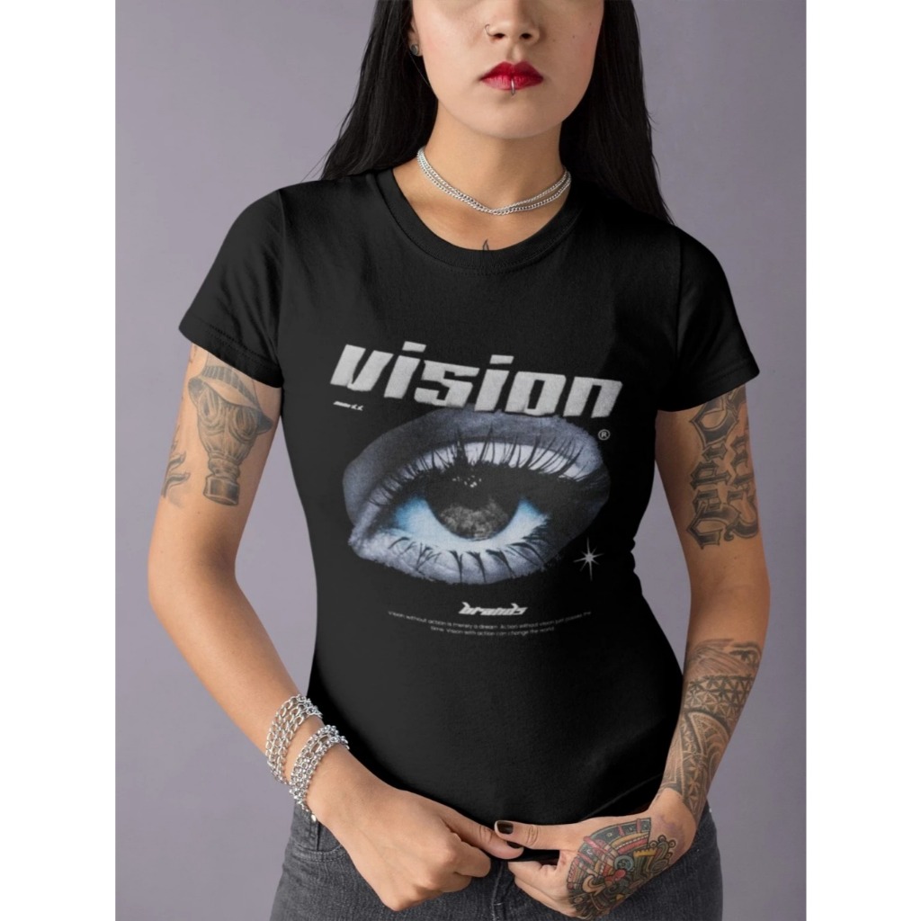 Baby Tee Y2K Feminina- Estampa Vision, Conforto Elástico e Versátil para Primavera/Verão/Outono