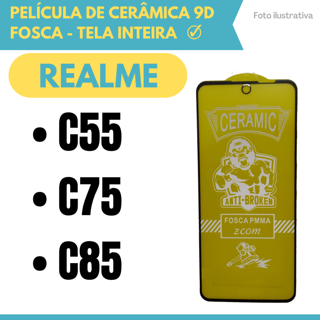 Película Fosca Cerâmica Flexível Para Realme C55 / Realme C75 / C85 / Protetor de Tela Inteira 9D