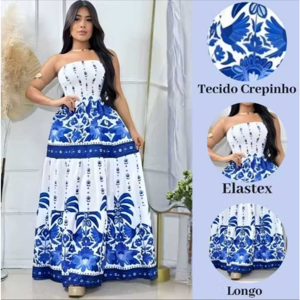 Vestido longo tomara  verão com elastex com fenda estampado tropiçais em Oferta na Shopee