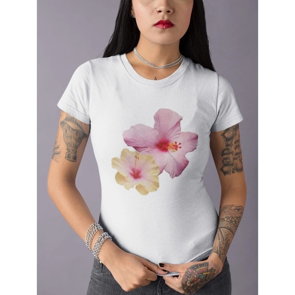 Baby Tee Y2K Feminina- Estampa Hibiscos, Conforto Elástico e Versátil para Primavera/Verão/Outono