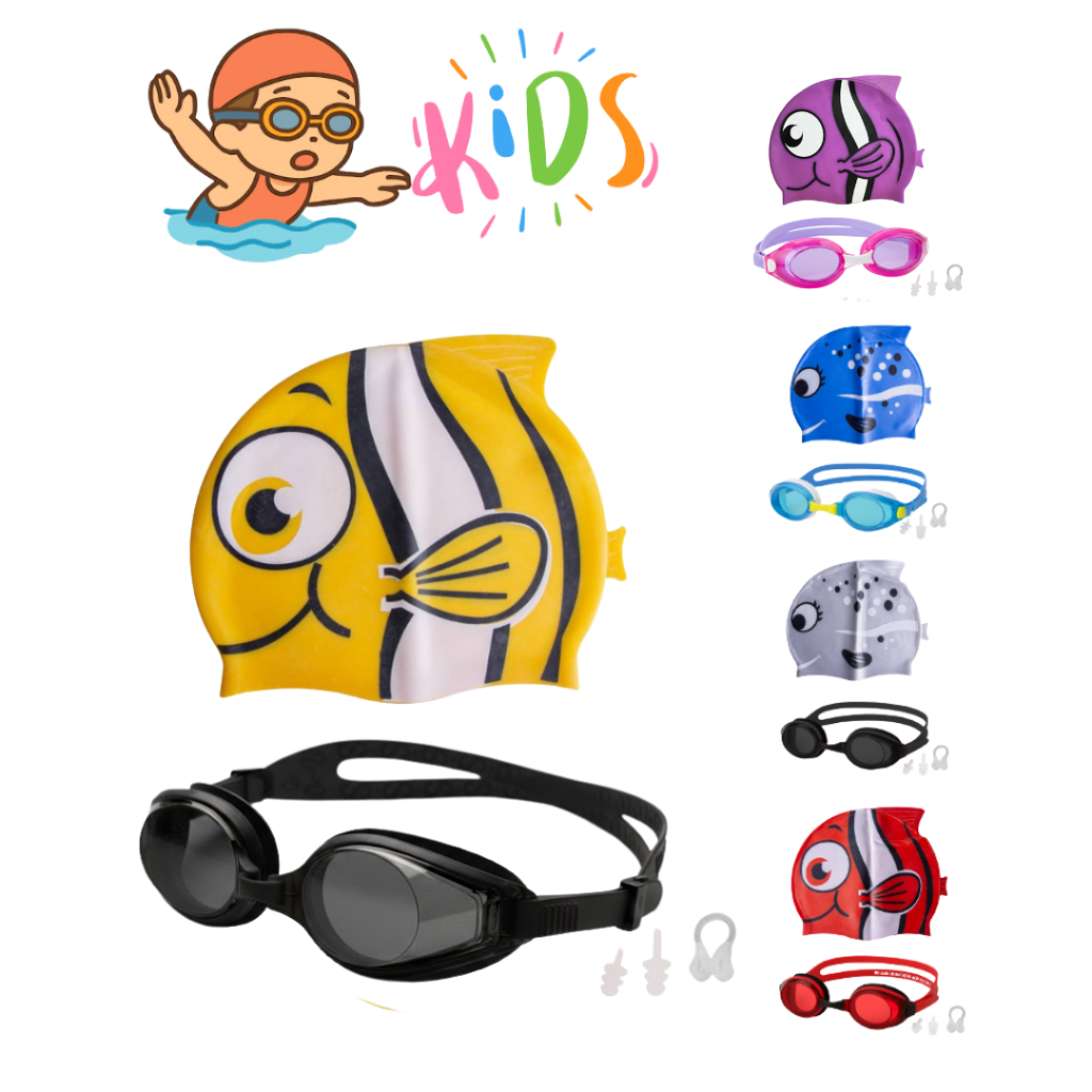 Kit Touca Óculos Infantil Com Protetor de Nariz E Ouvido Para Natação