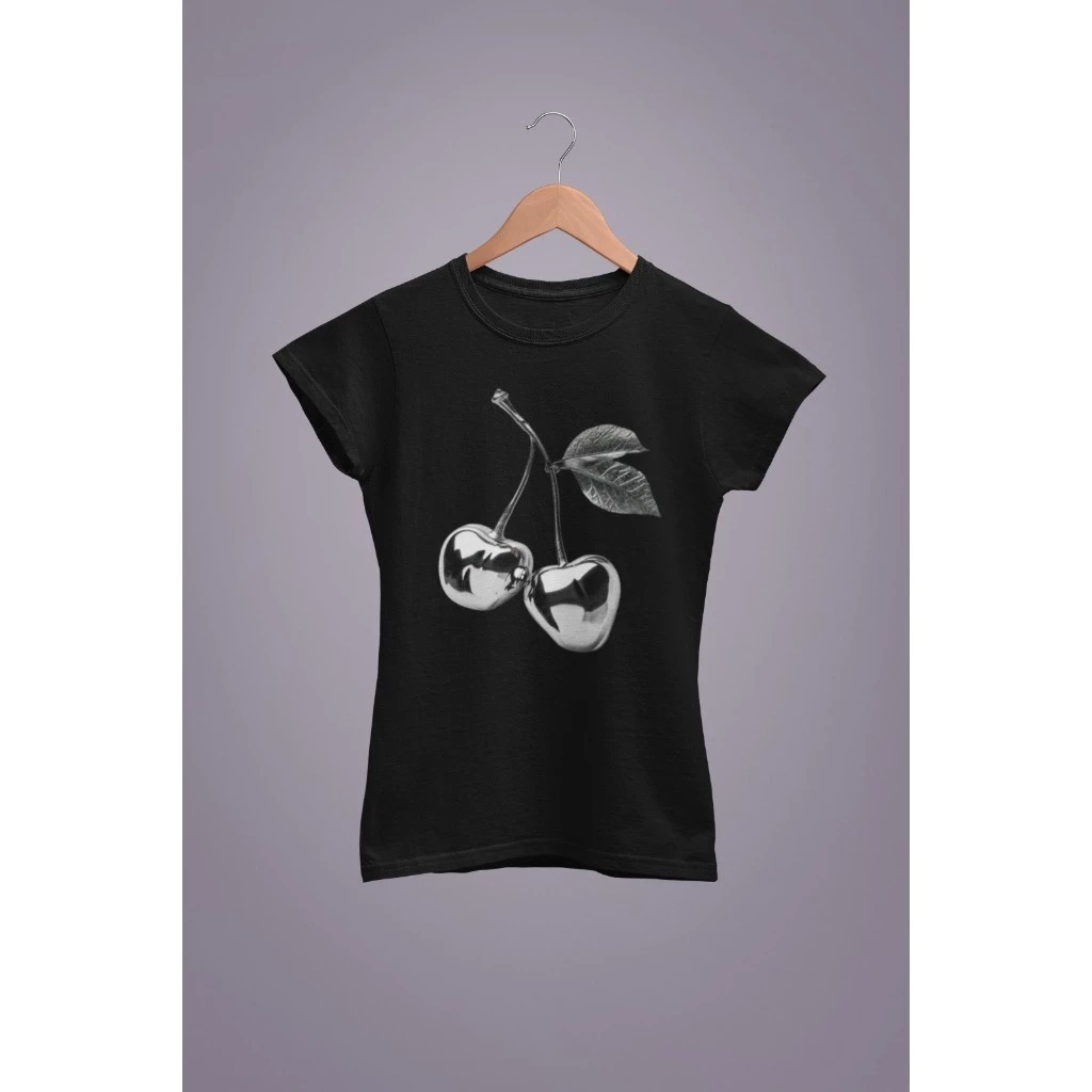 Baby Tee Y2K Feminina- Estampa Baby Tee Cereja Prata, Conforto Elástico e Versátil para Primavera/Verão/Outono, Lavável