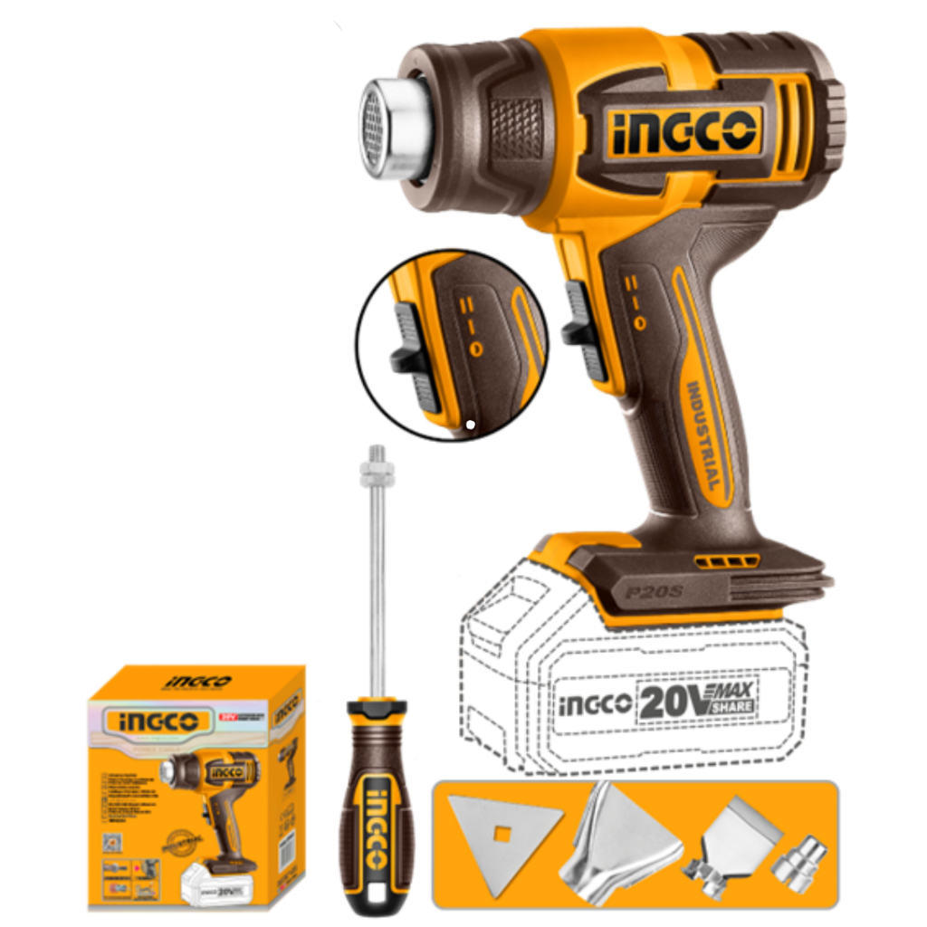 Soprador Térmico Profissional À Bateria 20V Pistola de Calor Com 3 Bocais 580ºC Ingco