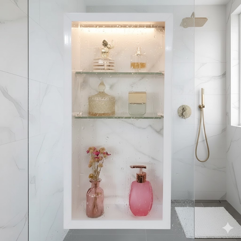 Nicho Gabinete Prateleira Vidro - Porcelanato Com Luz Led