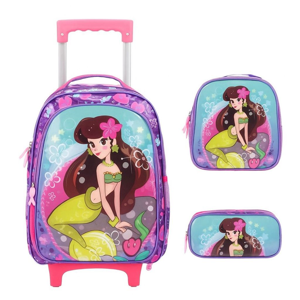 Kit Mochila Rodinha Escolar Infantil Menina Sereia Lancheira Térmica Estojo Impermeável em Oferta na Shopee
