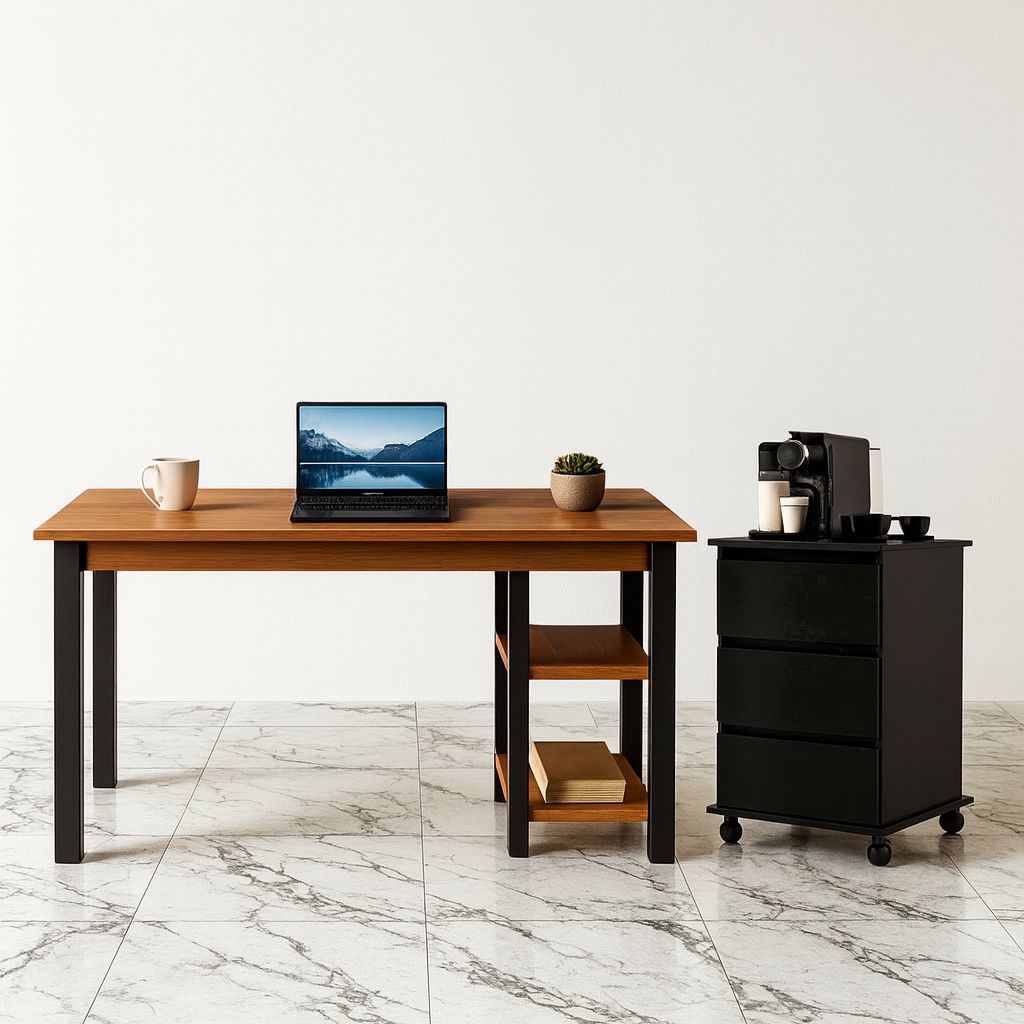 Conjunto Mesa Home Office e Gaveteiro com Rodinhas Multiuso Mel/Preto