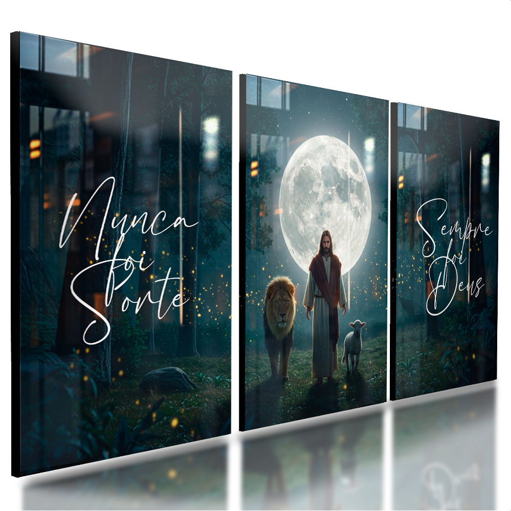 Quadros Decorativos Cristão Jesus Leão de Judá Nunca foi Sorte Sempre foi Deus 122x60