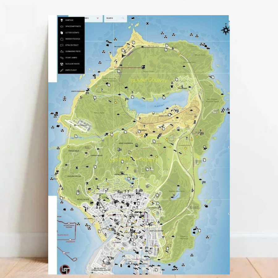Quadro Placa Decorativa Poster Geek Gta 5 mapa Los santos Gamer video games decoraçã 09