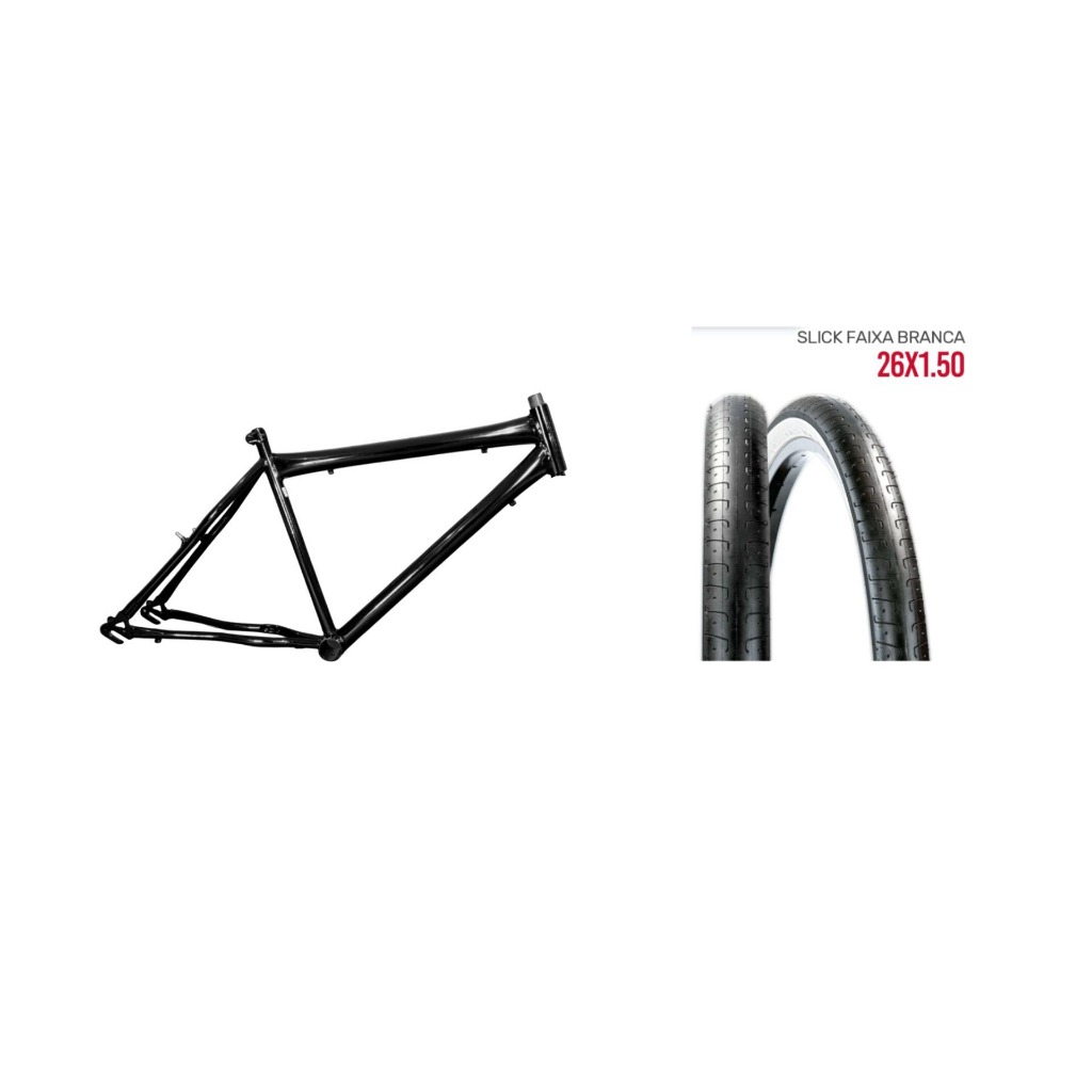 Kit Quadro Bicicleta Aro 26 Preto V-break Carbono Motorizada + 2 Pneus Bicicleta Paco Aro 26 X 1,50 Slick Faixa Branca