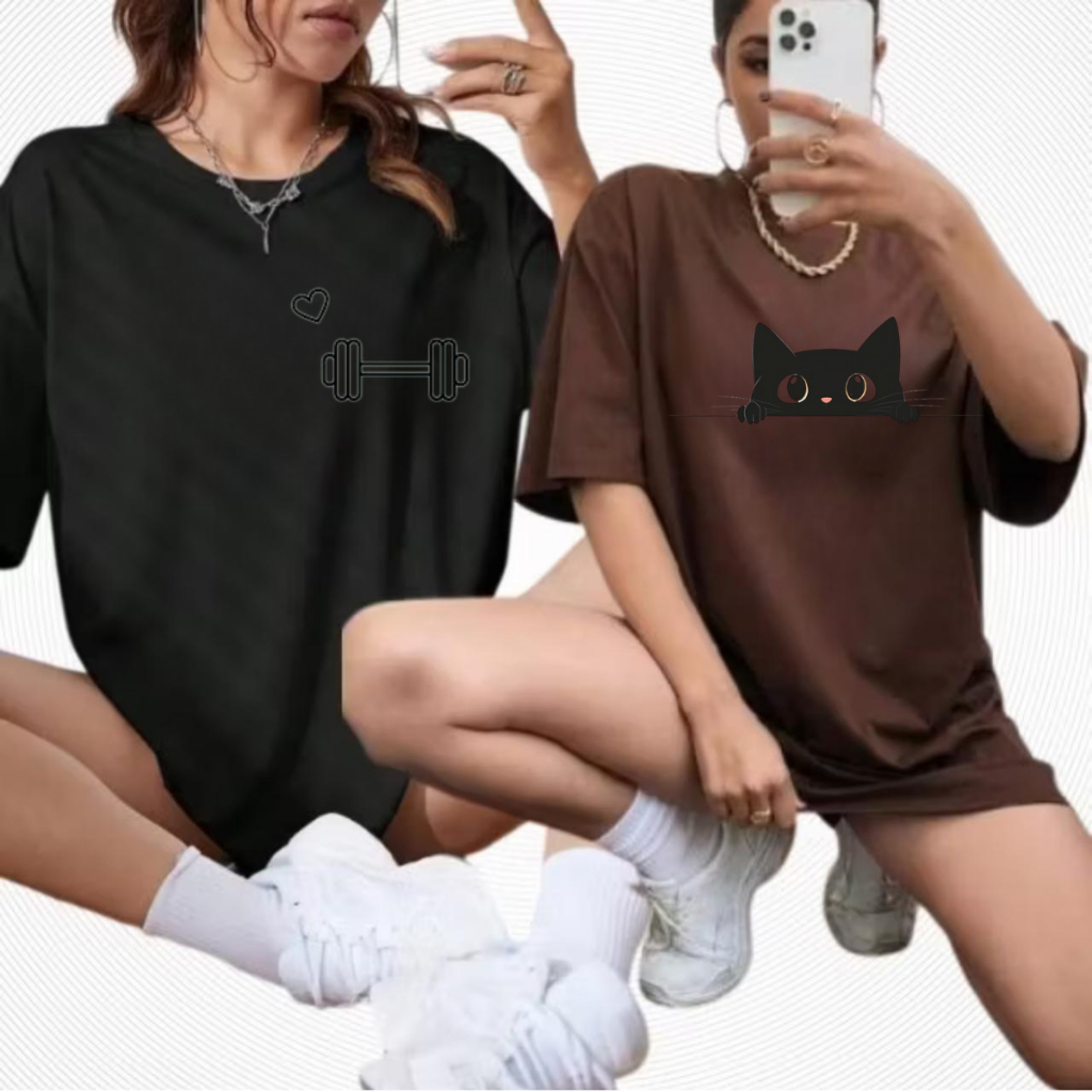 Combo 2 Camisetão T-shirt Oversized 100% Algodão Feminina Gym Treino Academia Fitness Musculação halter/gatinho